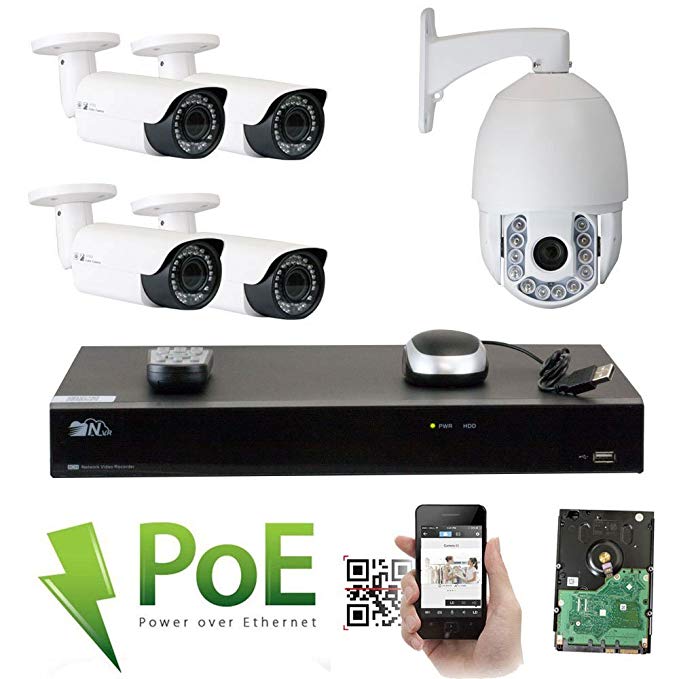 GW Security 8 Channel HD 1920p Security System with 2TB HDD, 4 HD 5MP 1920p 2.8-12mm Varifocal Outdoor Indoor PoE IP Cameras, and 1 20X Zoom 4MP 1520p IP PTZ Camera