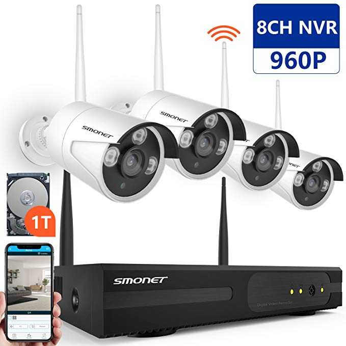 [Expandable System] Wireless Security Camera System,SMONET 8CH 960P Video Security System with 1TB HDD,4pcs 960P Indoor/Outdoor Wireless IP Cameras,65ft Night Vision,Plug&Play,Easy Remote View