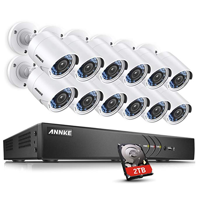 ANNKE 16-Channel HD-TVI 1080P Surveillance DVR System with 2TB Hard Drive and (12) 2.0MegaPixels 1920TVL In/Outdoor Security Cameras, IP66 Weatherproof with Mobile Access