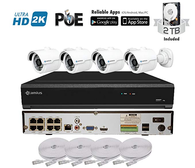 Camius 4MP Security Camera System with Hard Drive 2TB, 4K PoE 8-Channel NVR Recorder, 4 x 4MP Outdoor PoE Security Cameras (2592 x 1520)