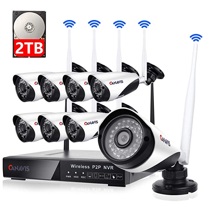 8 Channel Wireless Security Camera System NVR Video Surveillance System 720p Bullet Camera Night Vision Motion Detection 2TB Hard Drive for Indoor Outdoor