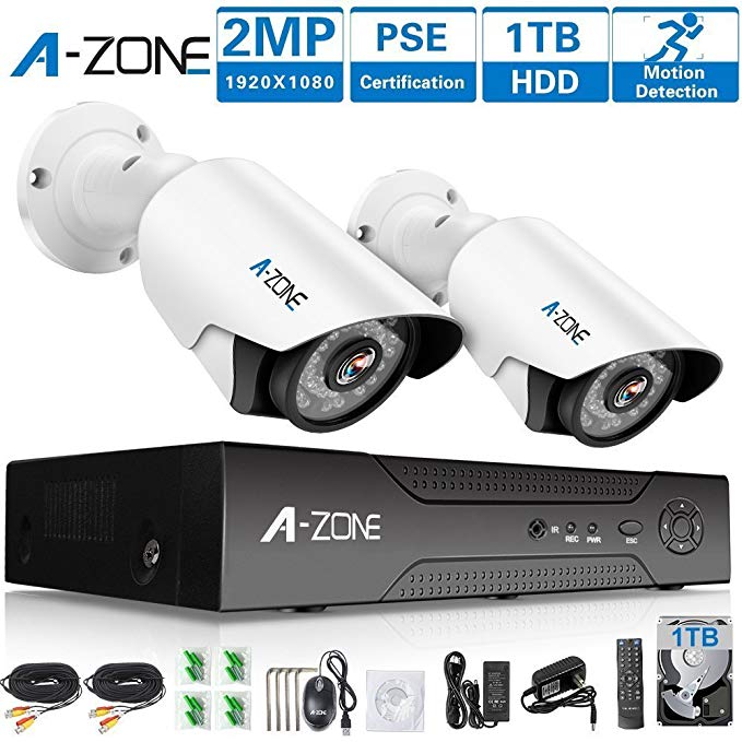 A-ZONE 1080P Security Camera System 2 Camera 4 Channel DVR AHD Surveillance Camera System W/2x HD 1080P waterproof Night vision Indoor/Outdoor Home Security Cameras-Including 1TB HDD