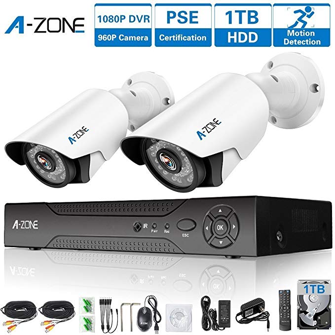 A-ZONE 4 Channel 1080P DVR AHD Surveillance Camera System W/2x HD 1.3MP waterproof Night vision Indoor/Outdoor CCTV Home Security Cameras, Including 1TB HDD