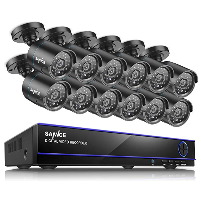 SANNCE 16CH Full HD Indoor Outdoor Wired CCTV 1080N Security Camera System DVR Kit with 12 Weatherproof 1.0MP 720P HD IR Bullet Surveillance Cameras Security Video Recorder DVR System, NO Hard Drive