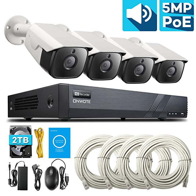 【Audio】 ONWOTE 8CH 5MP IP PoE Security Camera System Outdoor, 8 Channel 5MP HD H.265 NVR 2TB Hard Drive with 4 Outdoor 5MP 2592x 1944P HD Surveillance Ethernet Cameras, 100ft Night Vision