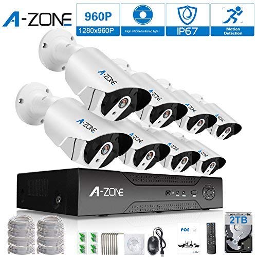 Security Camera System, A-ZONE 8ch PoE IP Surveillance Kit with 8 Outdoor/Indoor 3.6mm Fixed lens 1.3 Megapixel 960P Cameras, Free Remote View, Super HD Night Vision- with 2TB HDD