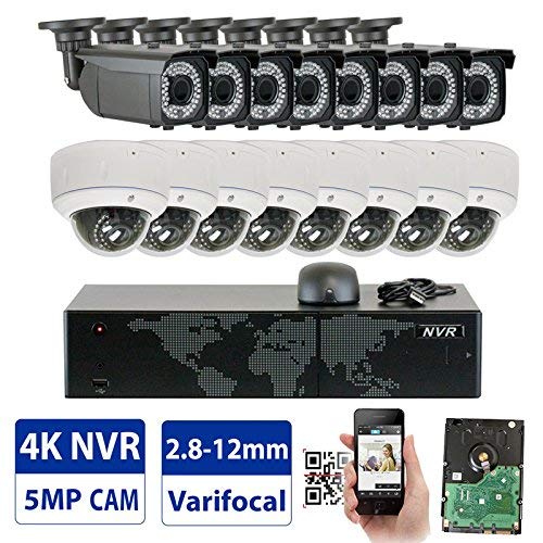 GW 16 Channel 1920P NVR Video Security Camera System - 8 x Bullet & 8 x Dome 5MP 1920P Weatherproof 2.8-12mm Varifocal Cameras, Realtime Recording 1080p @ 30fps, Pre-Installed 4TB HDD