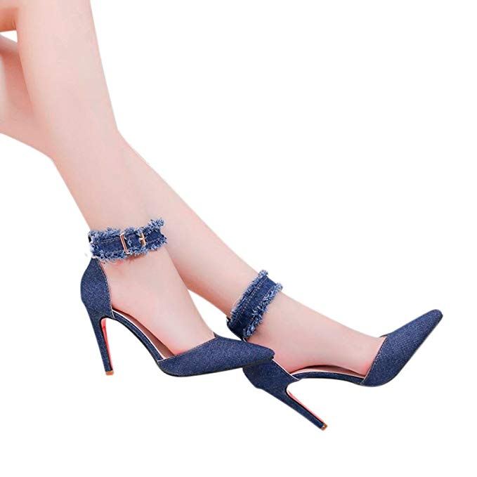 Solid Burrs Denim Baigoods Ankle Strap Pointed Toe High Heeled Shoes For Women Summer Fashion Elegant Cool