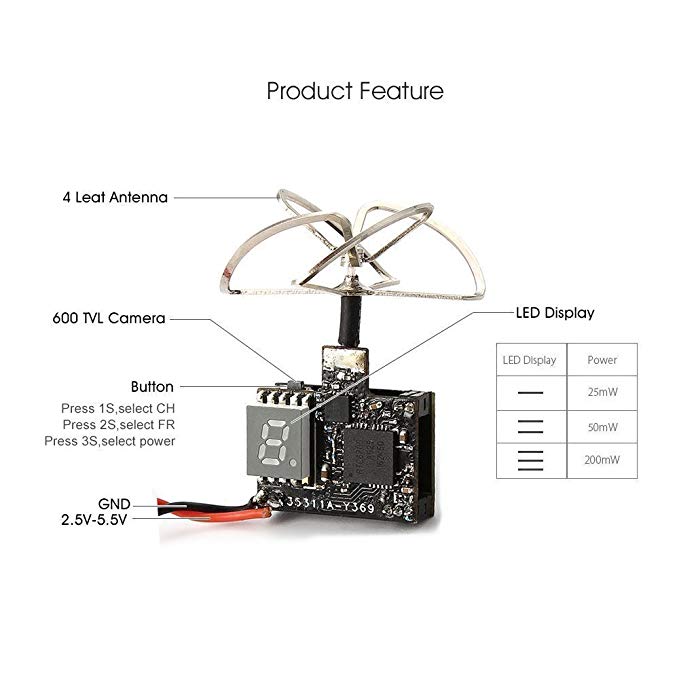 ARRIS Eachine TX03 Super Mini 0/25mW/50mW/200mW Switchable AIO 5.8G 72CH VTX 600TVL 1/3 Cmos Micro FPV Camera for Tiny Whoop, Blade Inductrix, etc