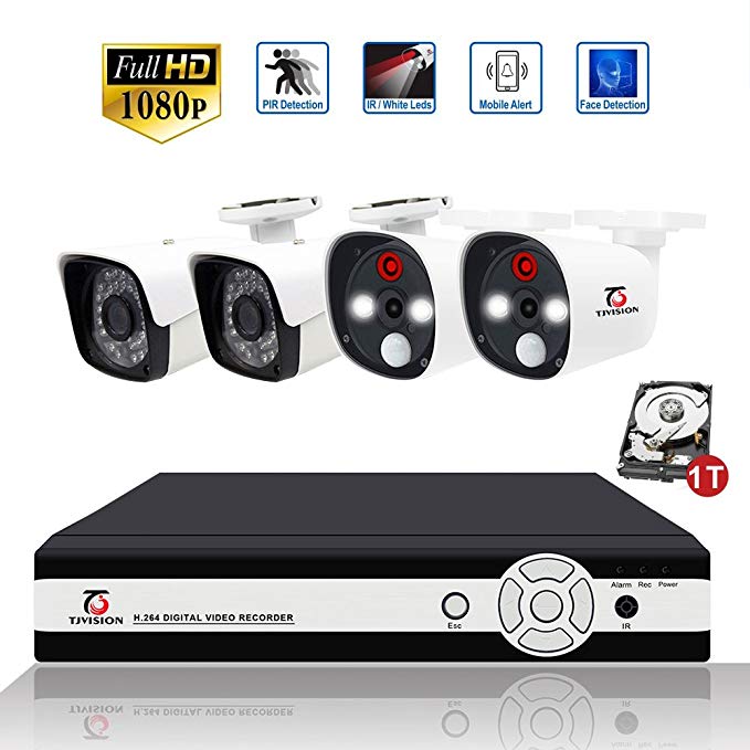 Security Camera System 1080P 1TB Hard Drive, HD Floodlight camera Montion-Activated with PIR Detector, Mobile Alarm Push, Indoor/Outdoor, Face Detection, white leds lights and IR Night Vision