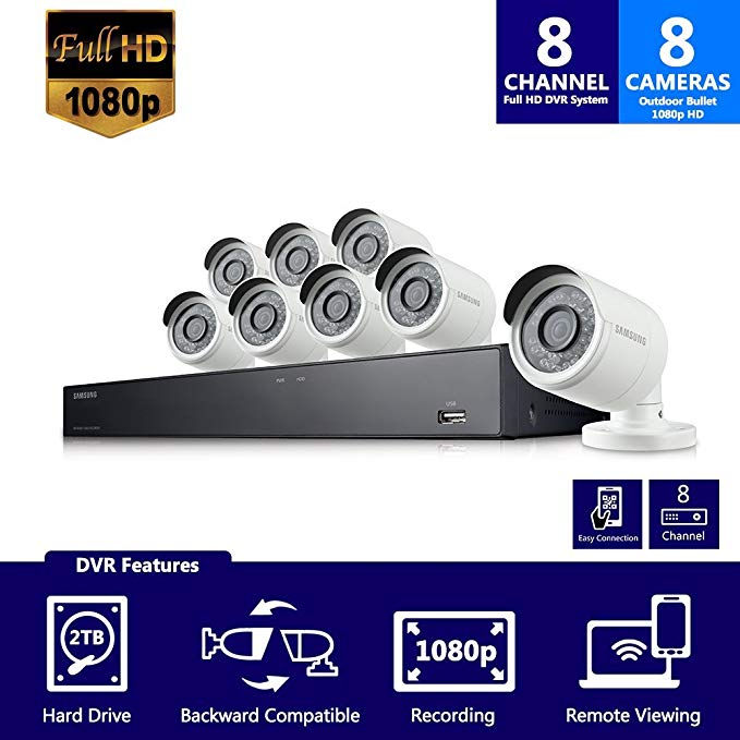 Samsung Wisenet SDH-B74081BN 8 Channel 1080P Full HD DVR Video Security System with 2TB Hard Drive and 8 1080p Weather Resistant Bullet Cameras (SDC-9443BC) - (Certified Refurbished)