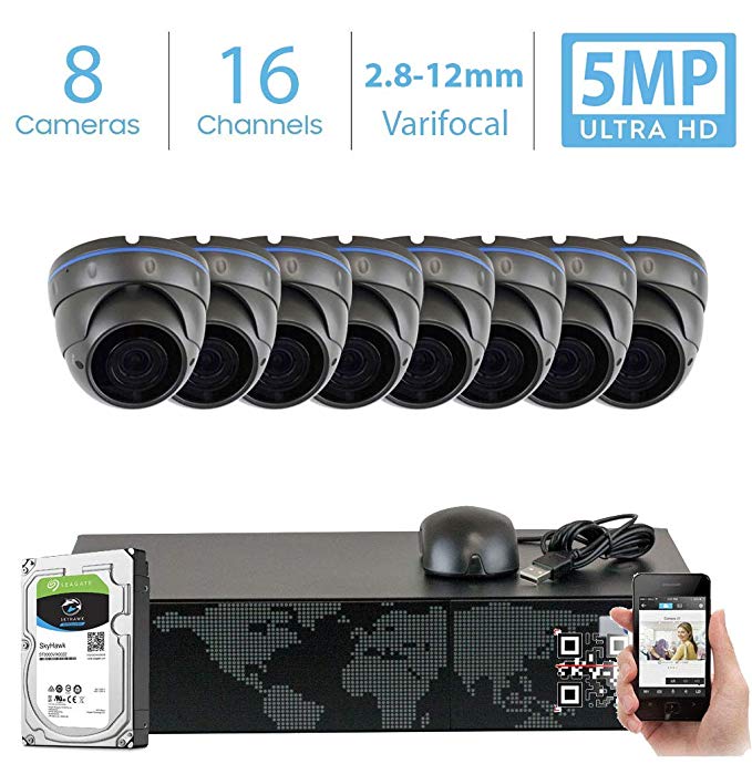 GW 16 Channel 5MP Video Surveillance System, 16CH NVR w/ 2TB HDD (2 SATA, Up to 16TB), 8 PoE IP 5MP Varifocal Zoom Weatherproof Dome Security Camera for 24/7 Recording & Remote Home Monitoring System