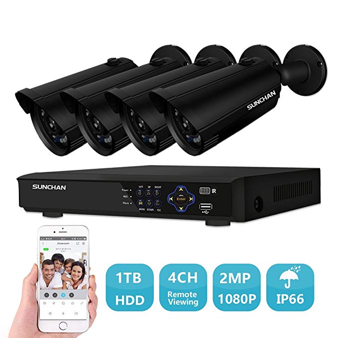 SUNCHAN 1080P (1920×1080）4CH Home Security Camera System,1080P CCTV DVR Recorder and 4pc 2MP 1080P Indoor/Outdoor weather proof Surveillance Bullet Cameras with 1TB HDD