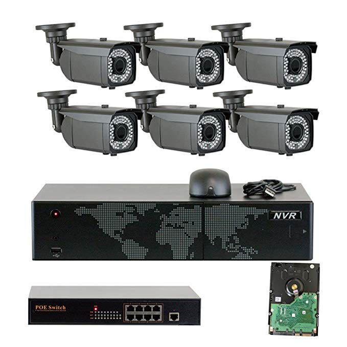 8 Channel Network NVR Security System with 6 x 5MP HD 1920p 2.8-12mm Varifocal Zoom 180ft IR PoE IP Camera