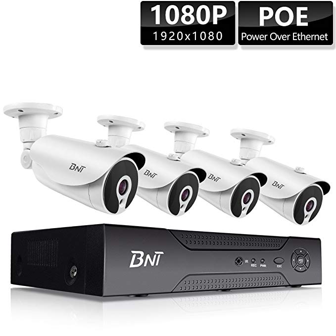 Security Camera System BNT POE 1080P 8Channel NVR with 4pcs Waterproof Indoor Outdoor CCTV Camera Video Surveillance IP Camera Remote Live View & Playback Motion Detect Night Vision No Hard Drive