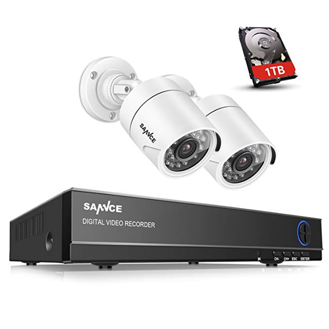 SANNCE 4CH 1080N Security Camera Video DVR With 1TB Hard Drive and (2) 720p HD Weatherproof Surveillance Security Camera System with Remote Access, Motion Detection