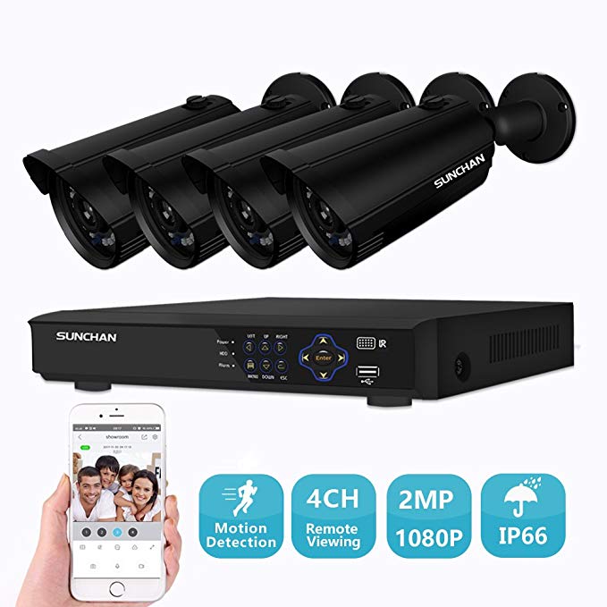 SUNCHAN indoor/outdoor 2MP (1920×1080p) security system,4pcs Weatherproof (-4°F ~ 122°F) Aluminum Surveillance Cameras, Motion Detection, Night Vision 60ft.4 channel 2MP DVR NO HDD