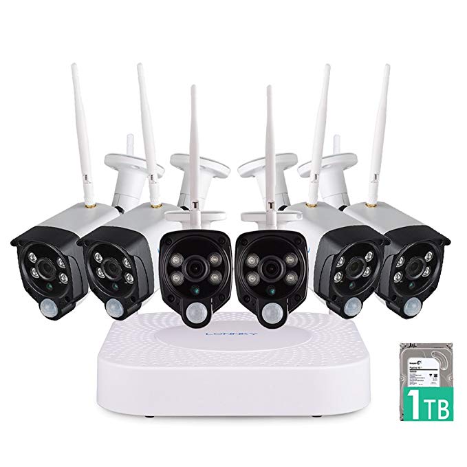 LONNKY 8CH NVR Wireless Security Camera System, Full HD 1080P Surveillance System, 1TB HDD, 2Pcs 1080P 4Pcs 960P Waterproof WiFi Bullet Camera PIR Sensor, Audio Recording