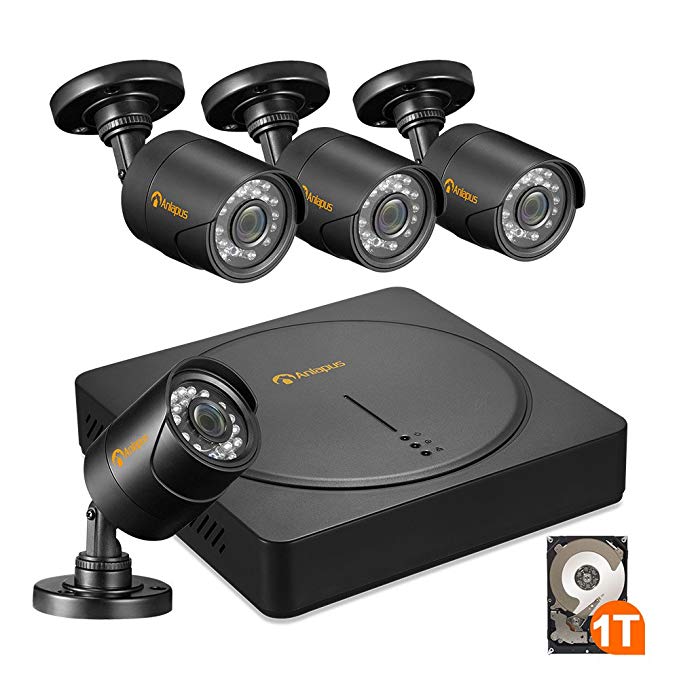 Anlapus 8-Channel HD-TVI 720P Surveillance Camera System, Security DVR Recorder with 1 TB Hard Drive and 4 x 720P 1280TVL Indoor Outdoor Waterproof CCTV Bullet Cameras with Night Vision