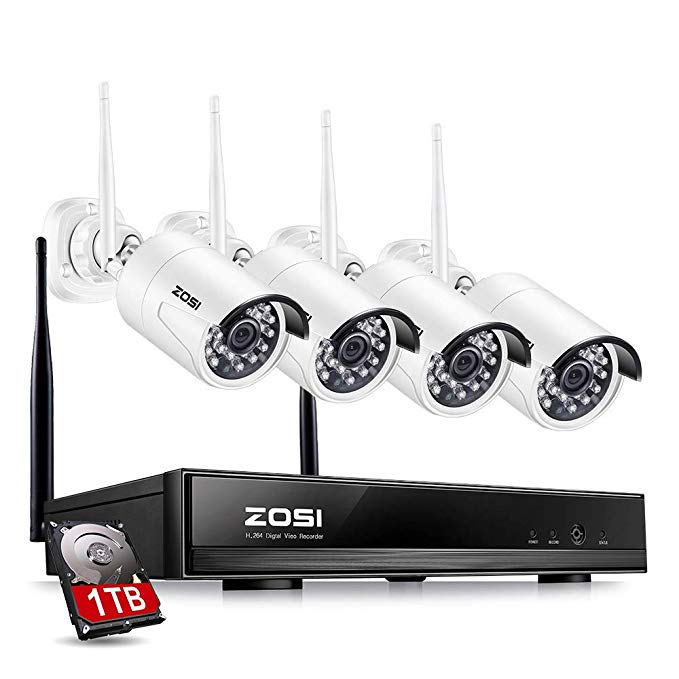 ZOSI FULL 1080P HD Wi-Fi Wireless Security Camera System 4CH 1080P HDMI NVR With 1TB Hard Drive and (4) HD 2.0MP 1080P Indoor/Outdoor IP Cameras,100ft Night Vision,Customizable Motion Detection