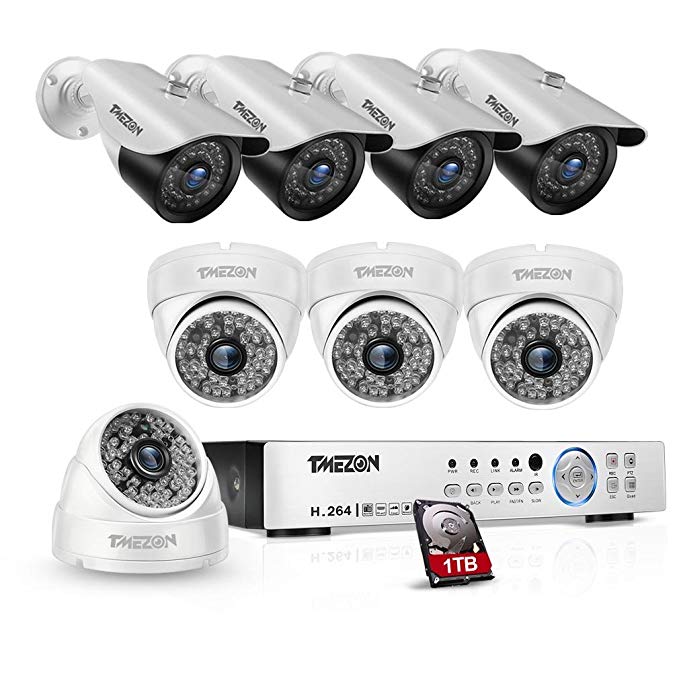 TMEZON 8CH AHD 1080P Security DVR System Included 4 Bullet and 4 Dome High 2.0MP CCTV Cameras 1TB HDD(IP66 Weatherproof, Night Vision, Motion Detection & Email Alert)