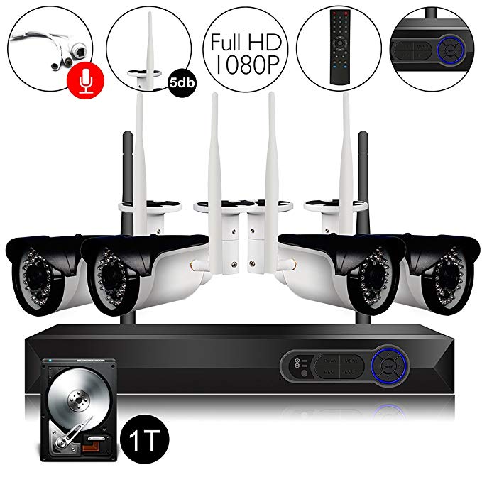 CAMVIEW Wireless Security Camera System 4pcs 1080P(2.0MP) WiFi CCTV IP Camera + 4CH HDMI NVR Home Video Surveillance System, Microphone Plug, Night Vision, Motion Detection, 1TB HDD Pre-installed