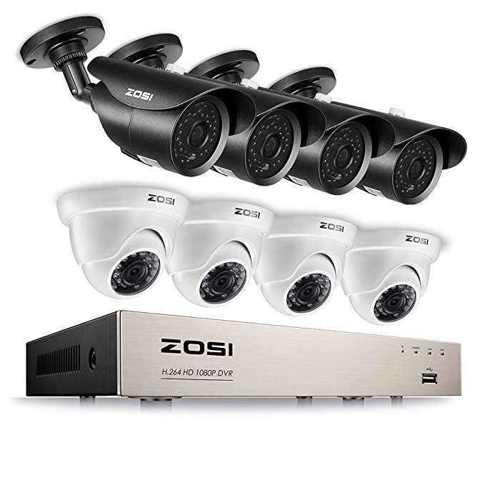 ZOSI 1080p 8CH Security Camera System, 8Channel 1080P Surveillance DVR Recorder with (8) HD 2.0MP 1920TVL Weatherproof Outdoor Bullet/Dome CCTV Cameras with 120ft/65ft night vision, (No Hard Drive)