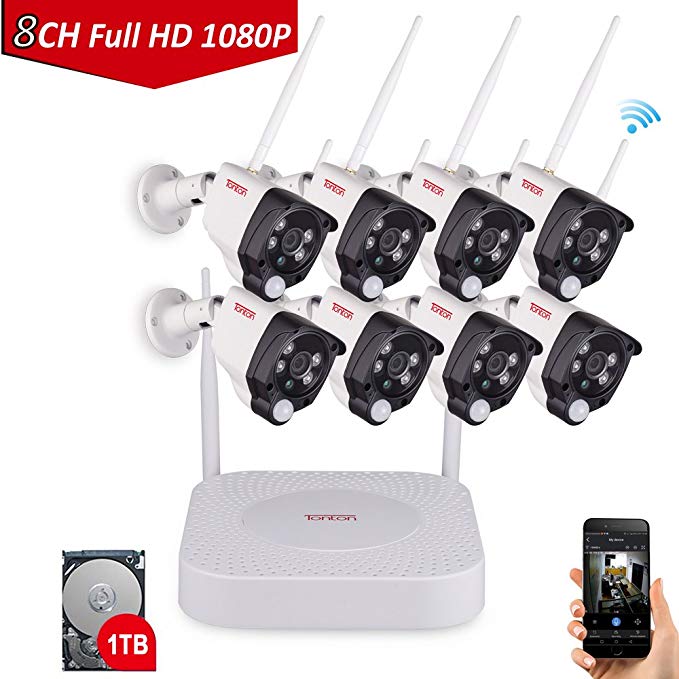 Tonton 1080P Full HD Wireless Security Camera System, 8CH NVR Recorder 1TB HDD 8PCS 1080P 2.0 MP Waterproof Outdoor Indoor Bullet Cameras PIR Sensor, Audio Record Clear Night Vision