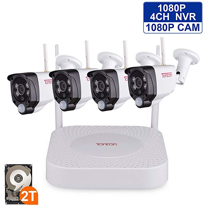 1080P Wireless Security Camera System, Tonton 4CH Full HD 1080P Network WIFI NVR with 2TB Hard Drive and 4PCS 2.0MP 1080P Outdoor Indoor Waterproof Bullet Cameras with PIR Sensor and Audio Recording