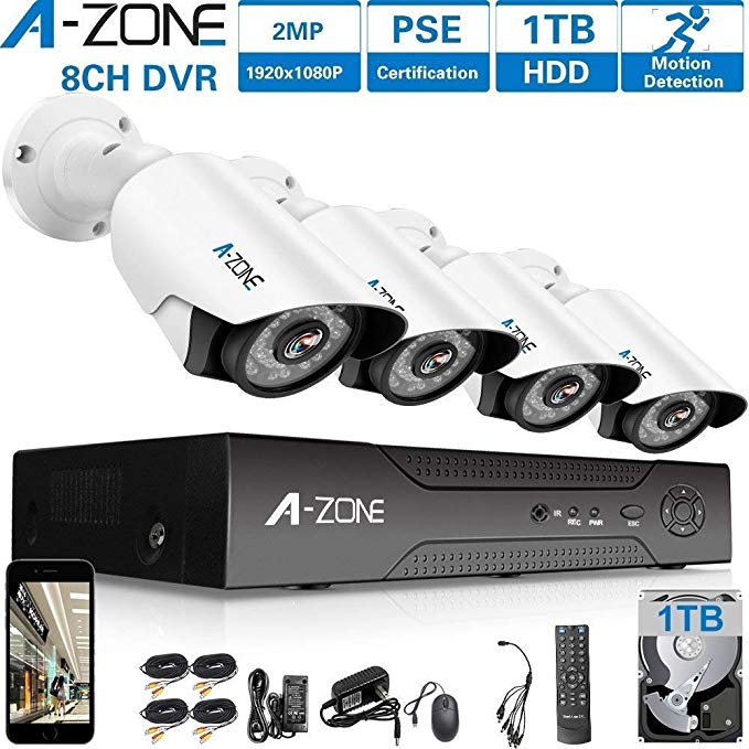 A-ZONE 1080P Security Camera System 8 Channel DVR 1080P AHD Home Surveillance System W/4x HD 1080P Waterproof Night vision Bullet Camera, Including 1TB HDD,Customizable Motion Detection