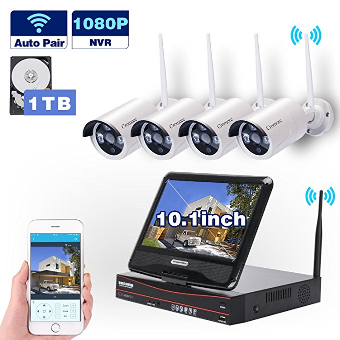 All in one with Monitor Wireless Security Camera System Home WIFI CCTV 4CH 1080P NVR Kit 4pcs 960P Indoor Outdoor Bullet IP Camera P2P IR Night Vision Waterproof Plug and Play with 1TB Hard Drive