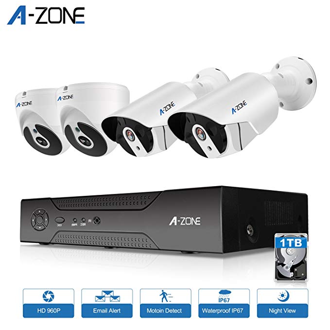 A-ZONE 960P Security Camera System 4CH HD-TVI DVR 2x IP Bullet Camera and 2x IP Dome Camera IR Night Vision Indoor Outdoor 1TB Hard Drive