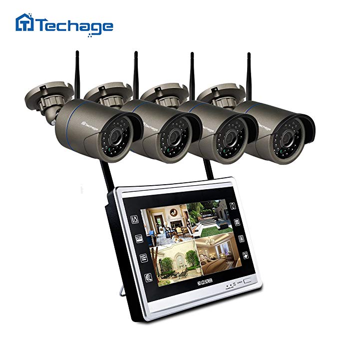 Techage HD WIFI CCTV Camera Kit with Monitor 720P, 4 CH WIFI IP Camera with Night Vision / Motion Detection / Remote Viewing, without Hard Drive, Grey