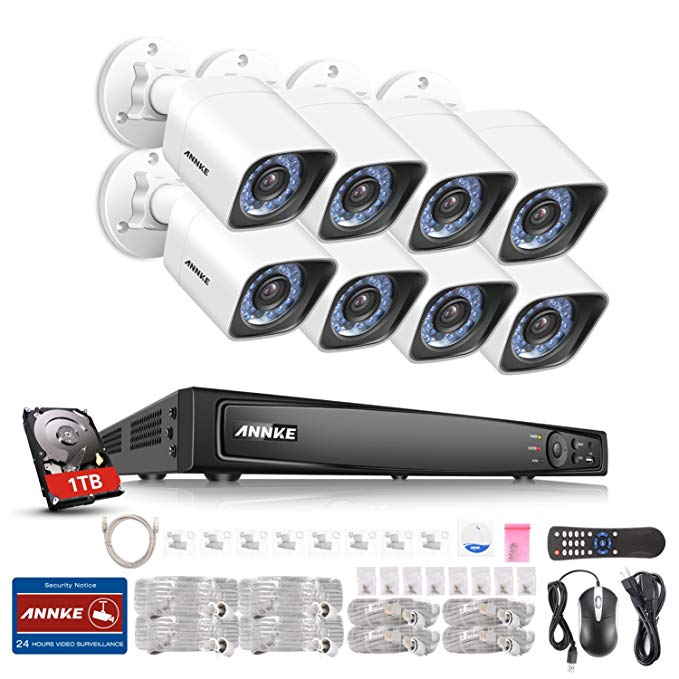 ANNKE True 1080P PoE Security System 8CH H.264 NVR with 1TB Surveillance Hard Disk Drive and (8) 1920TVL 2.0MP CCTV Bullet Cameras, IP66 Weather-Proof Housing, 48V Power Over Ethernet