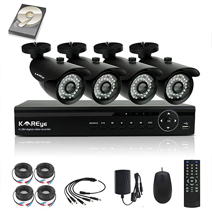 KAREye 1080N Security Camera System 4 Channel Surveillance DVR, 4PCS 720P AHD Bullet IR-Cut IP66 Weatherproof Cameras with 1TB Hard Drive