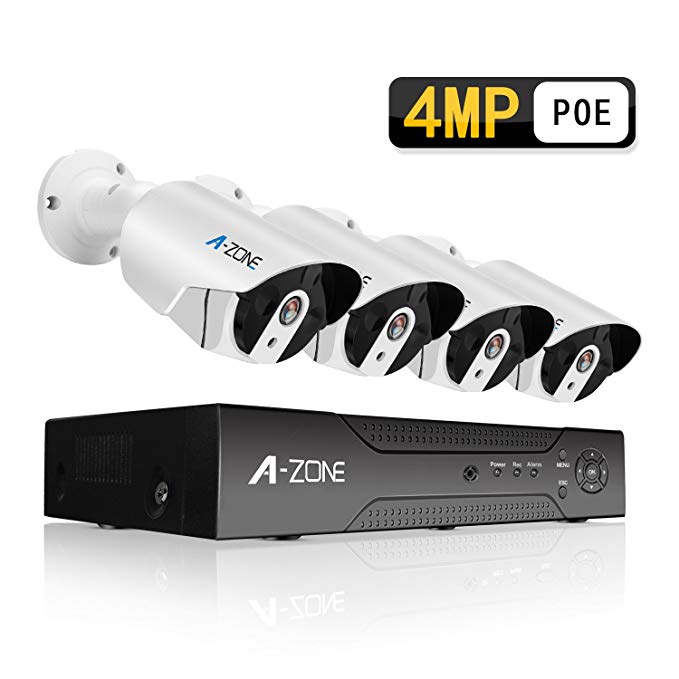 Poe Camera System, A-ZONE Home PoE IP Security Camera System 4 Megapixels Super HD 2560x1440 4 Channel NVR with 4 Bullet IP Cameras 24/7 Recording,without HDD