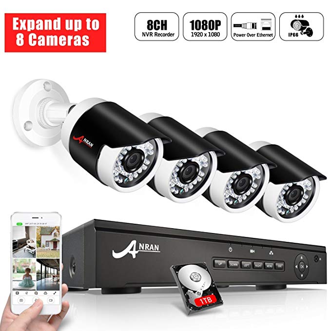 PoE Security Camera System 1080p, ANRAN Expandable 8 Channels POE NVR 1TB Hard Drive w/ 4 x 2.0 Megapixels PoE Home Surveillance Video Camera System Outdoor IP Network Camera, Night Vision, Free App