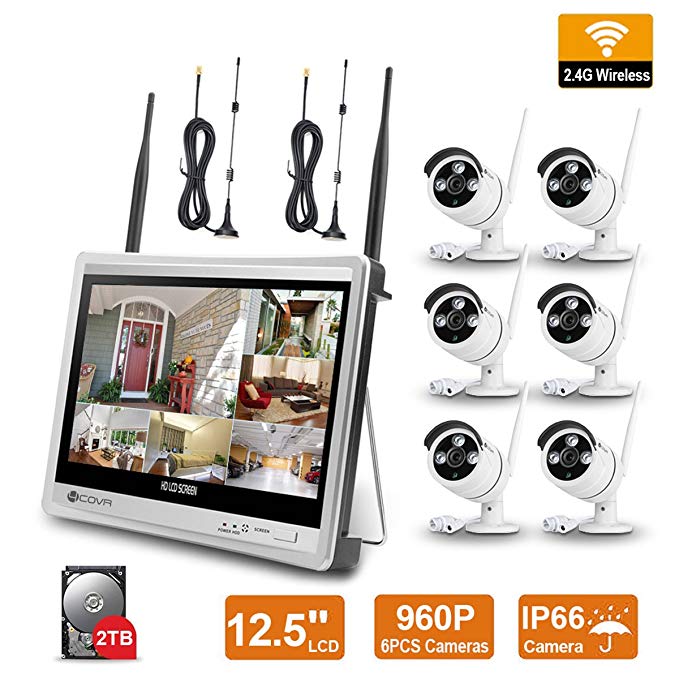 Wireless Surveillance Camera System Forcovr 8 Channel 1080P Home Security System CCTV Wifi NVR Kit with 12.5inch LCD Monitor and 6PCS 960P HD Outdoor Waterproof Night Vision IP Cameras with 2TB HDD