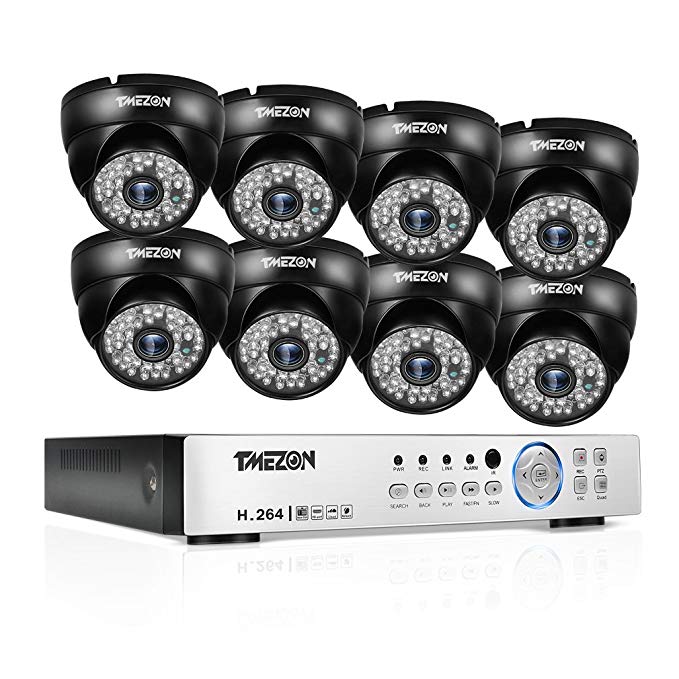 TMEZON 8CH Security Camera System 1080P DVR Reorder with (8) HD 2.0MP Outdoor CCTV Cameras with IP66 Weather Proof and Motion Detection NO HDD