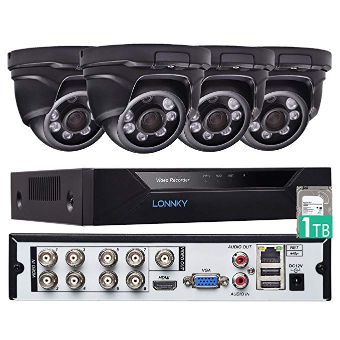 LONNKY 8CH Full 1080P 5-in-1 DVR Security System with 4 HD TVI Dome Outdoor 2.0MP Camera, 1TB HDD Hard Driver, 80ft Night Vision Camera, Intelligent Face Detection, Smartphone Remote Viewing, Black