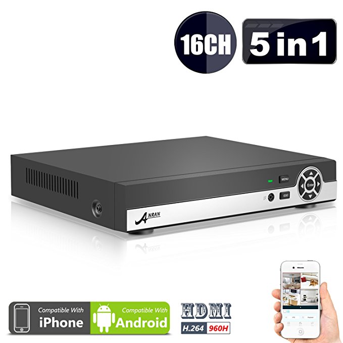 (5 in 1) ANRAN 16CH Security DVR 1080N AHD NVR HD Digital Video Recorder for CCTV Security Camera System Suport Mobile Phone Monitoring,Motion Detection,Real time Recording,No HDD