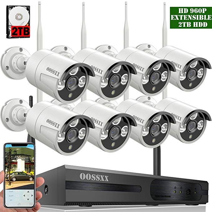 【2018 Update】OOSSXX 8-Channel HD 1080P Wireless System/IP Security Camera System 8Pcs 960P 1.3 Megapixel Wireless Indoor/Outdoor IR Bullet IP Cameras,P2P,App, HDMI Cord & 2TB HDD Pre-Install