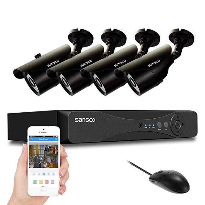 SANSCO Home Security Camera System with 4-Channel 1080N Smart DVR and 4 Bullet Cameras (Super HD 720p 1MP) Smart Surveillance Cameras Kit, No HDD Included