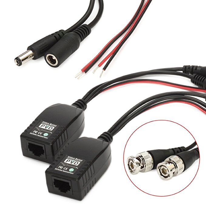 BNC to RJ45 CAT5 Video +Data +Power Balun Connector for CCTV PTZ Camera 1 Pairs