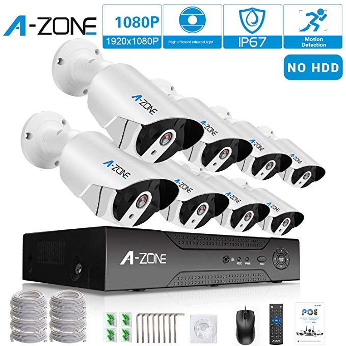 Security Camera System, A-ZONE Security 1080p 8 Channel PoE IP Security Surveillance Camera System with 8 Outdoor/Indoor 1080P Security Camera, Free Remote View, Super HD Night Vision- No Hard drive