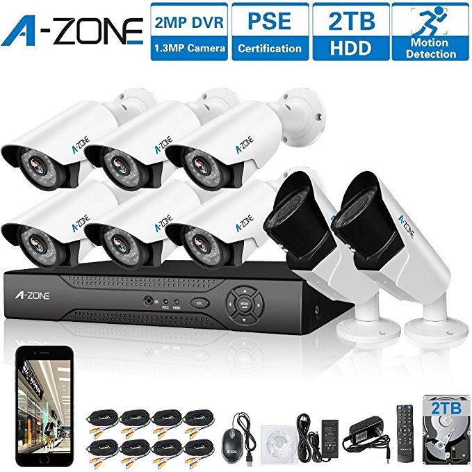 A-ZONE 8 CH 1080P DVR AHD Home Security Camera System W/ 6x HD 960P 1.3MP waterproof Night vision Fixed Surveillance Camera & 2x HD 1.3MP Varifocal Camera IR 2.8-12mm Lens Camera, Including 2TB HDD