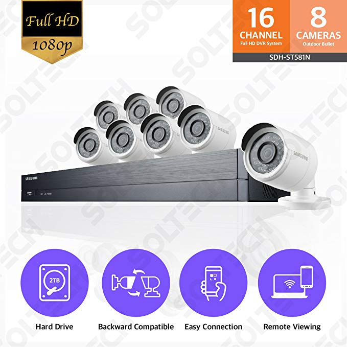 Samsung Wisenet SDH-ST581 16 Channel 1080p Full HD DVR Video Security System with 2TB Hard Drive and 8 1080p Weather Resistant Bullet Cameras (SDC-9443BC)