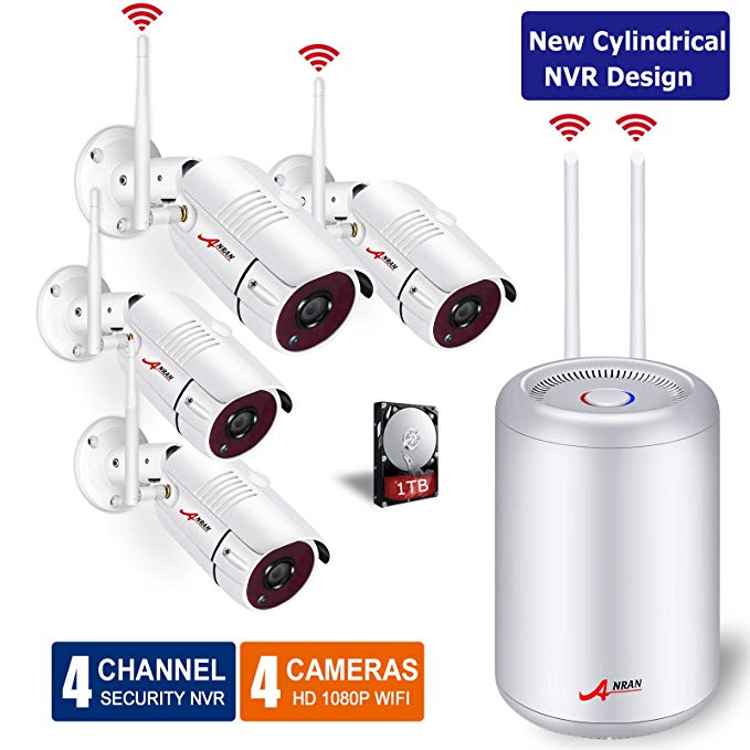 Wireless Security Camera System,4CH 1080P H.265 Wireless In/Outdoor CCTV Camera System with 4pcs 1080P HD Cameras and 1TB Hard Drive,P2P WiFi Security Camera System,Free APP ANRAN