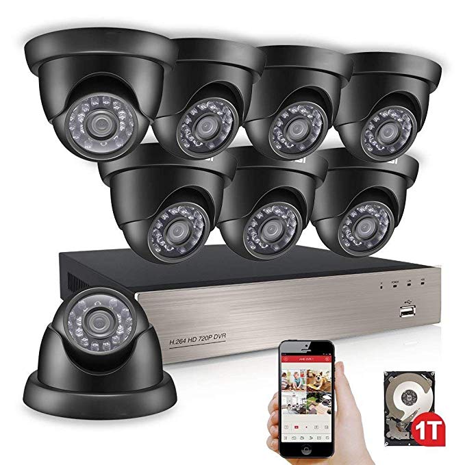 Anlapus 8-Channel 720P Home Security Camera System DVR with 1TB Hard Drive and 8 x 1280TVL Indoor Outdoor Weatherproof CCTV Dome Cameras with Night Vision and Remote Viewing