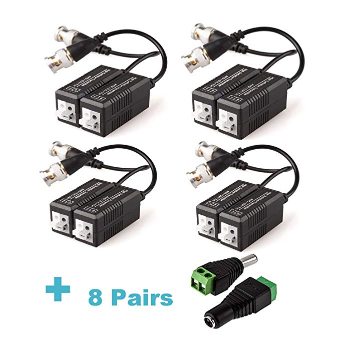 8 Pack Passive Video Balun Transceiver for TVI/CVI/TVI/AHD/960H CCTV Camera, ZUEXT 8 Pairs Male & Female BNC/DC Power Connector Adapter 12V 2.1x5.5mm for LED Light Strips (Male BNC to UTP CAT5 Cable)